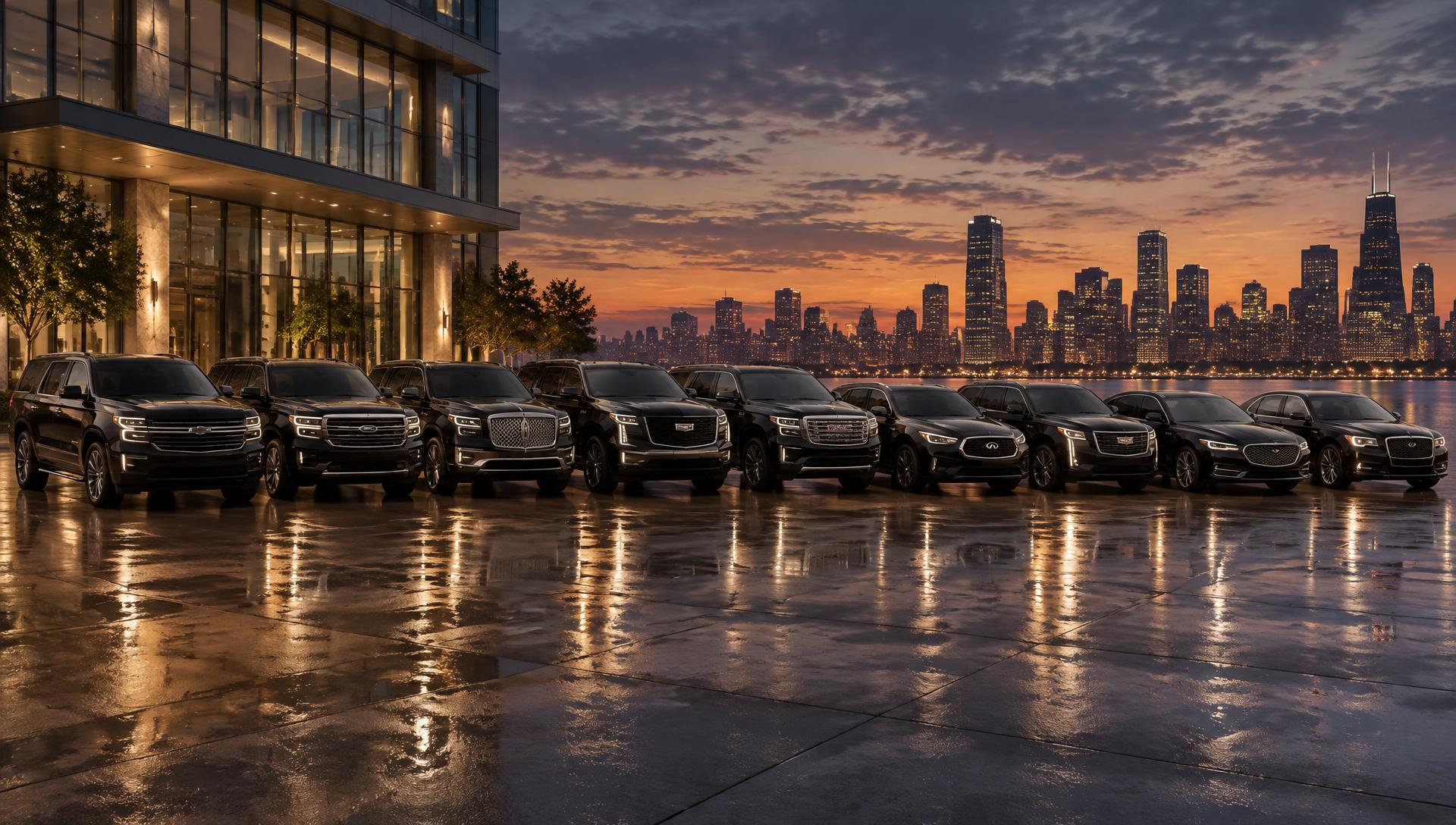 Lineup of Gallant luxury SUVs and sedans at dusk with city skyline